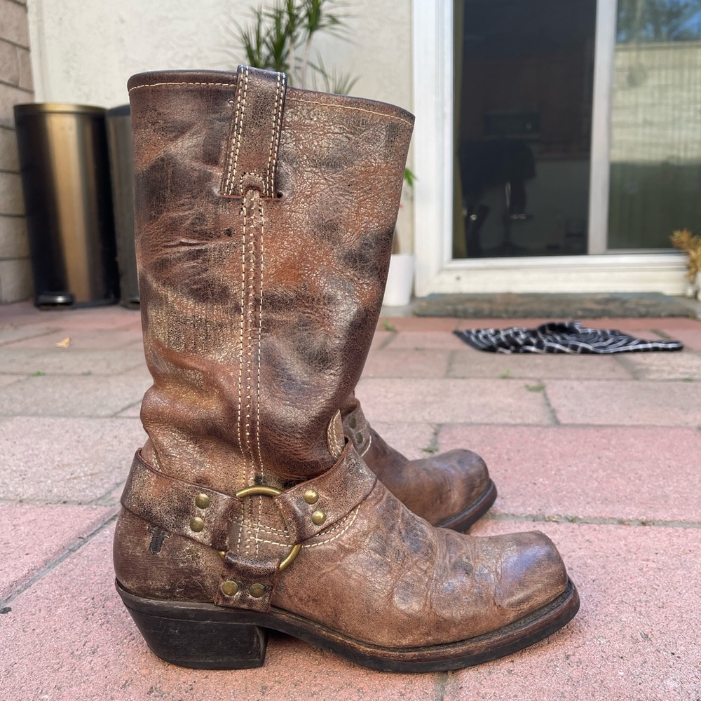 Frye Brown western Moto Boots 
Distressed Leather size 8